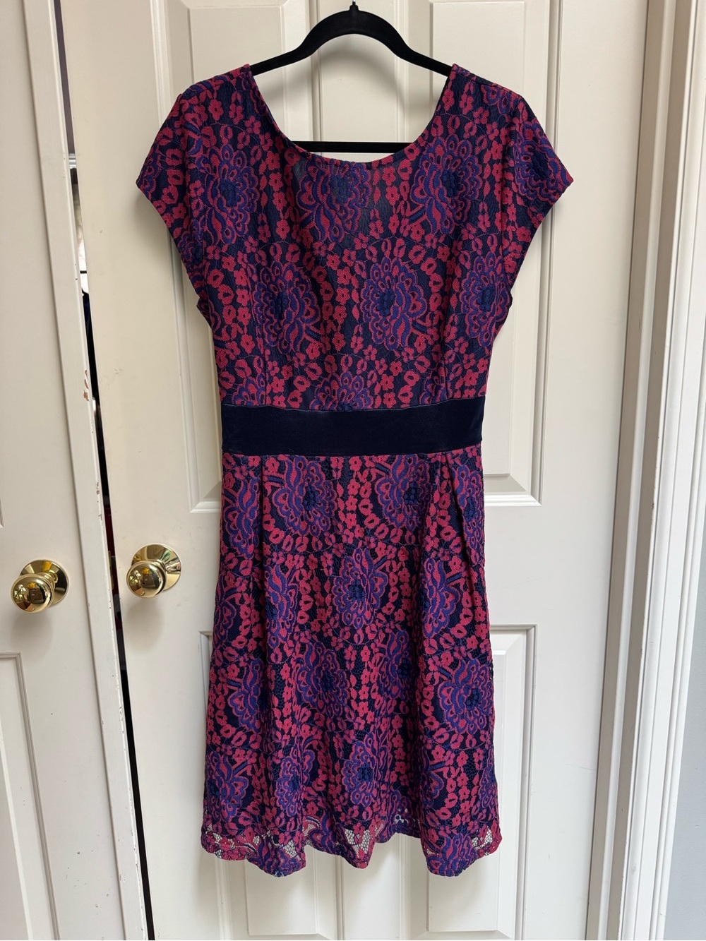 Miusol Pink and Navy Lace Fit-and-Flare Midi Dress